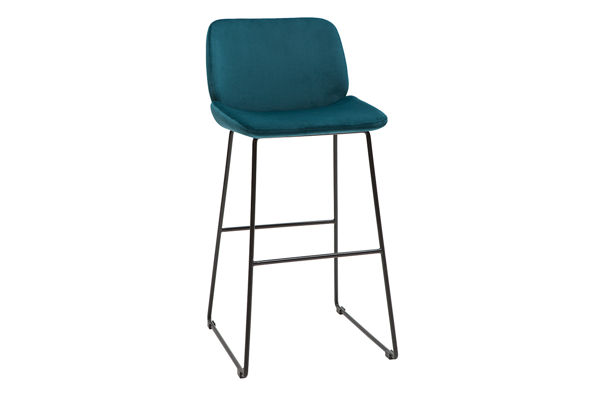 Set de 2taburetes de cocina fijos de terciopelo azul petrleo con patas de metal negro 65cm KAOLY