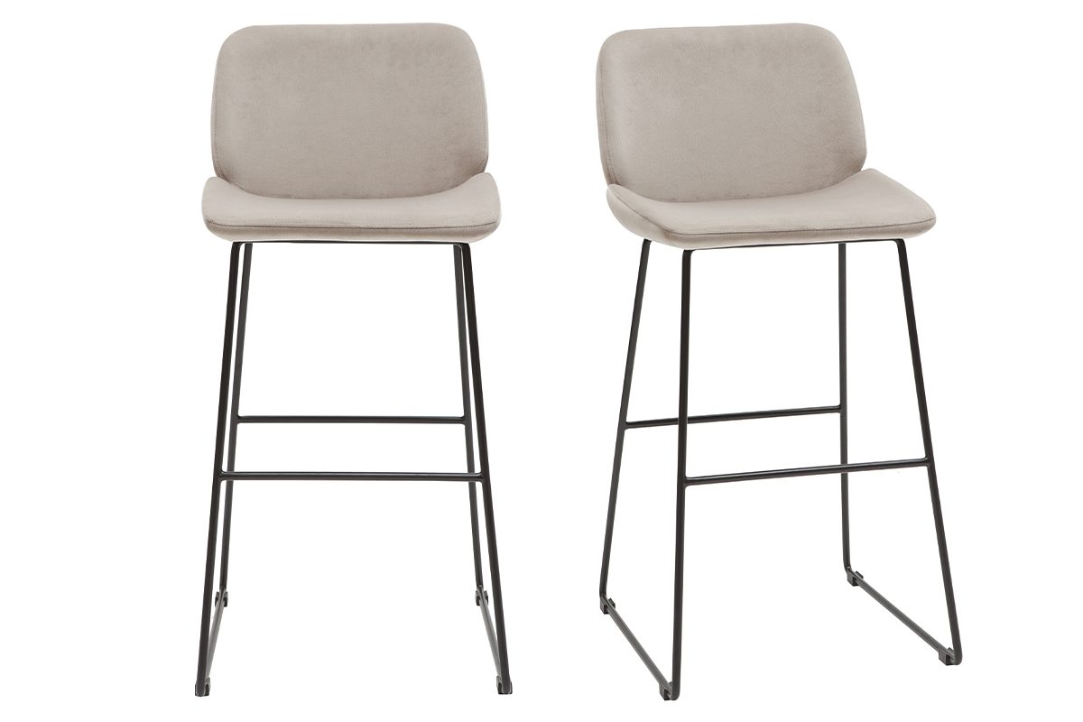 Set de 2taburetes de cocina fijos de terciopelo color topo con patas de metal negro 65cm KAOLY
