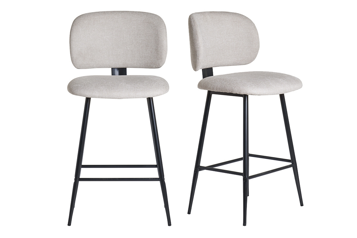 Set de 2 taburetes de cocina fijos efecto aterciopelado texturizado beige y metal negro 70 cm ATRIUM