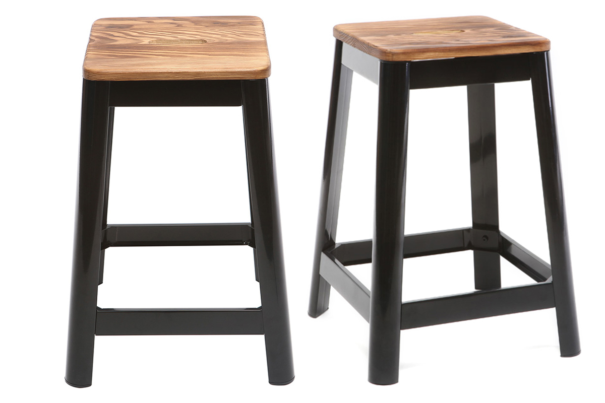 Set de 2taburetes de cocina industriales de metal negro y madera 65cm NICK