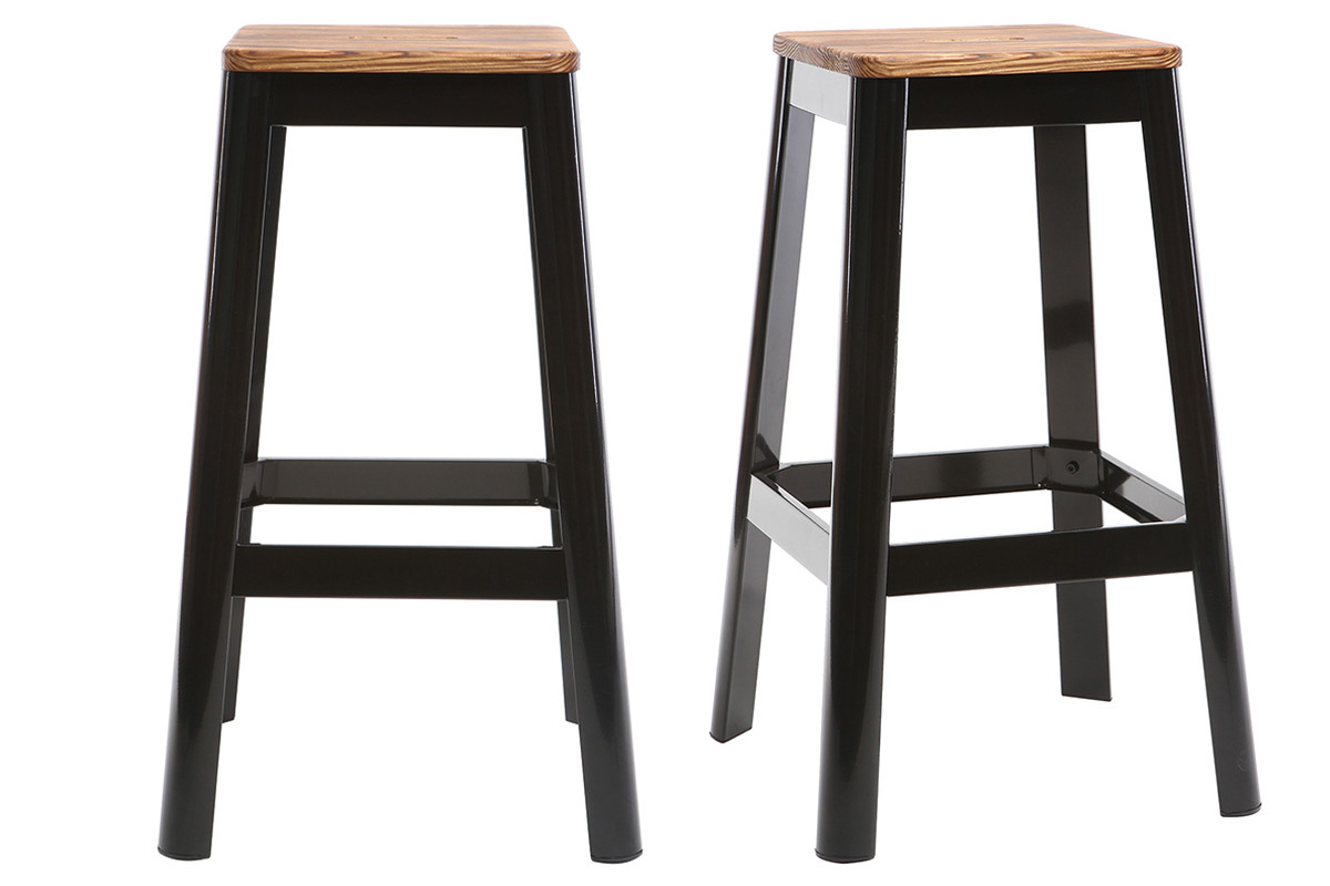 Set de 2taburetes de cocina industriales de metal negro y madera 75cm NICK