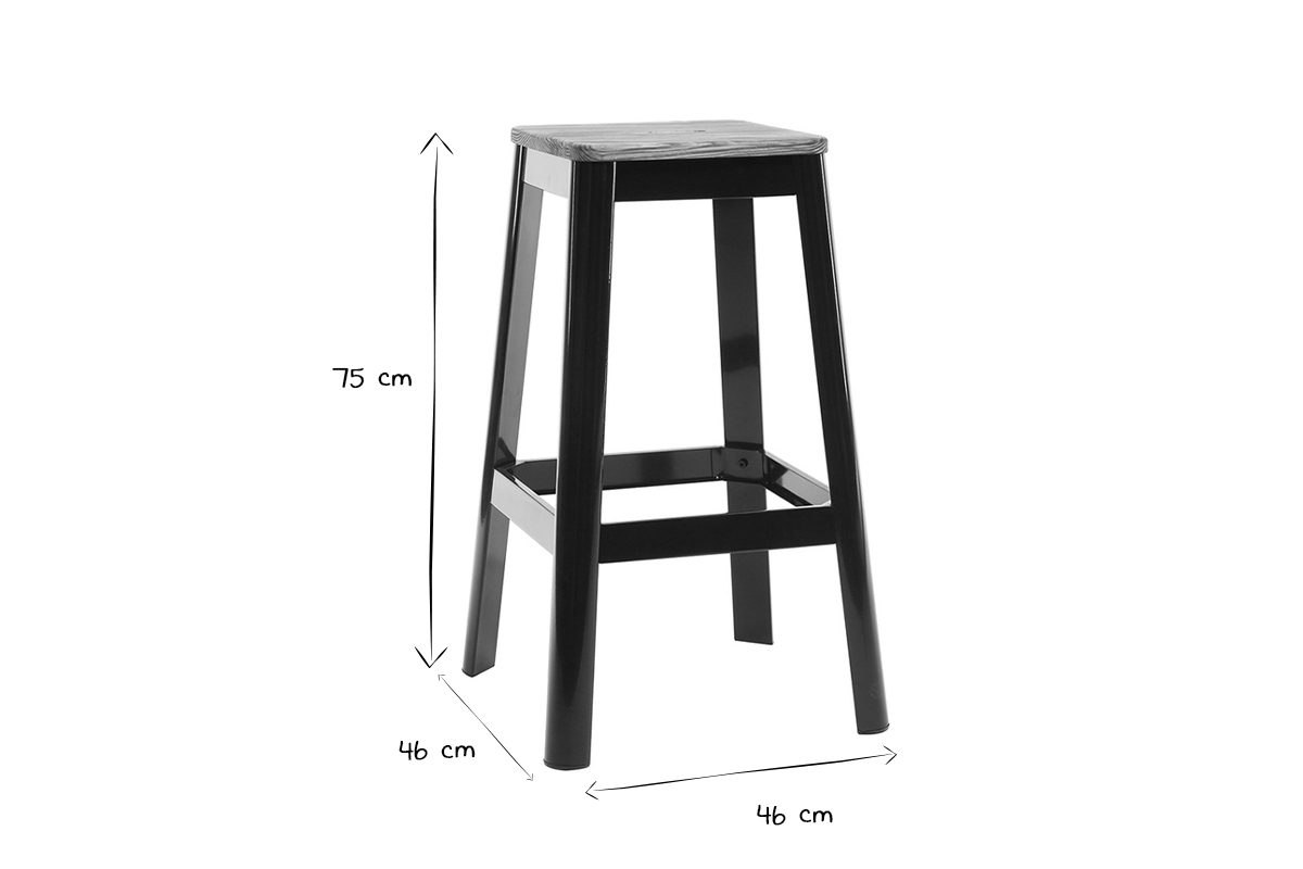 Set de 2taburetes de cocina industriales de metal negro y madera 75cm NICK