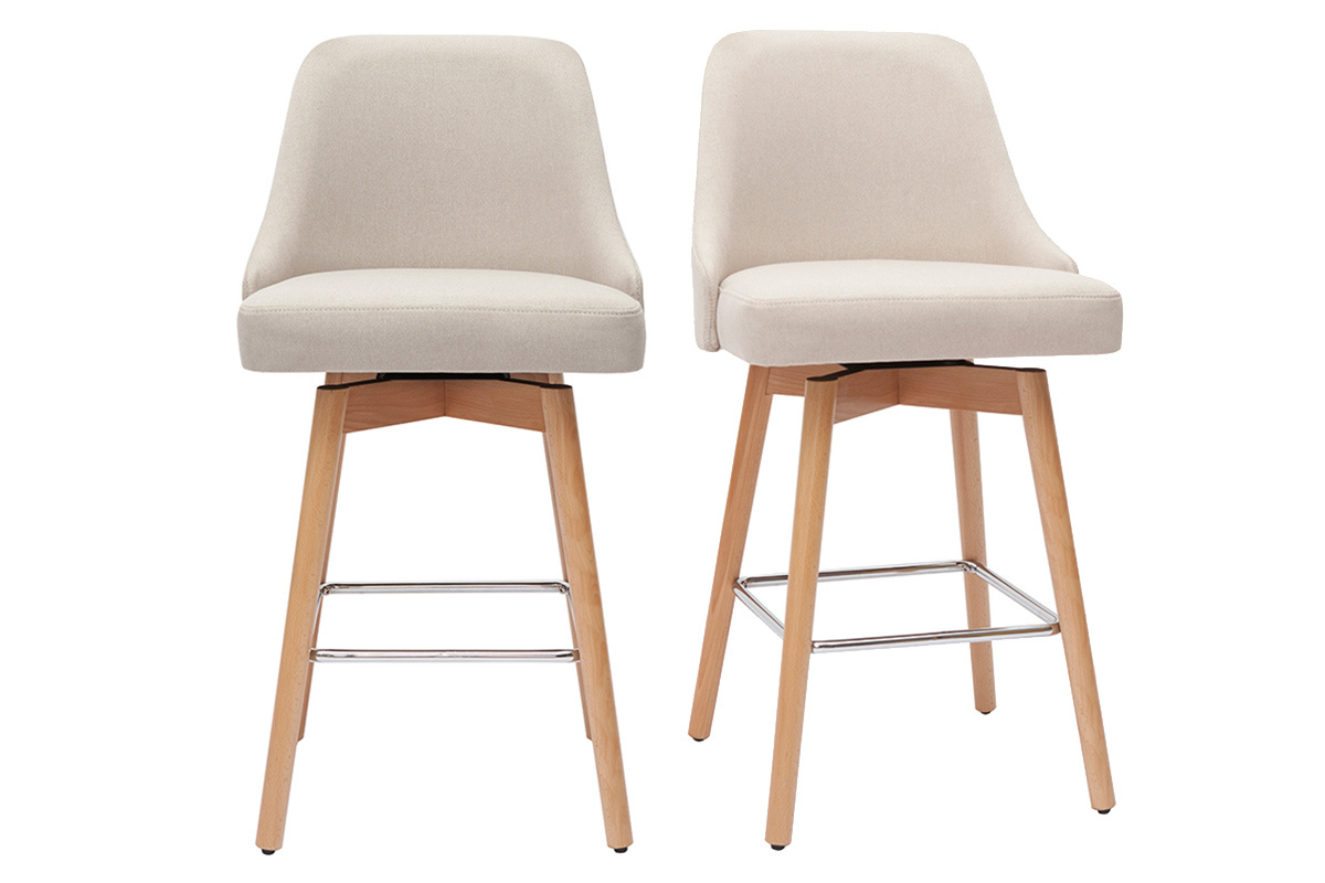 Set de 2 taburetes de cocina nrdicos de tela beige y madera maciza 65cm HASTA