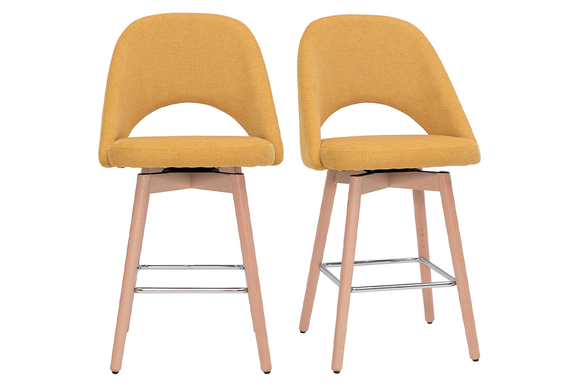 Set de 2taburetes de cocina nrdicos de tela efecto aterciopelado texturizado amarillo y madera de caucho maciza 65cm COSETTE