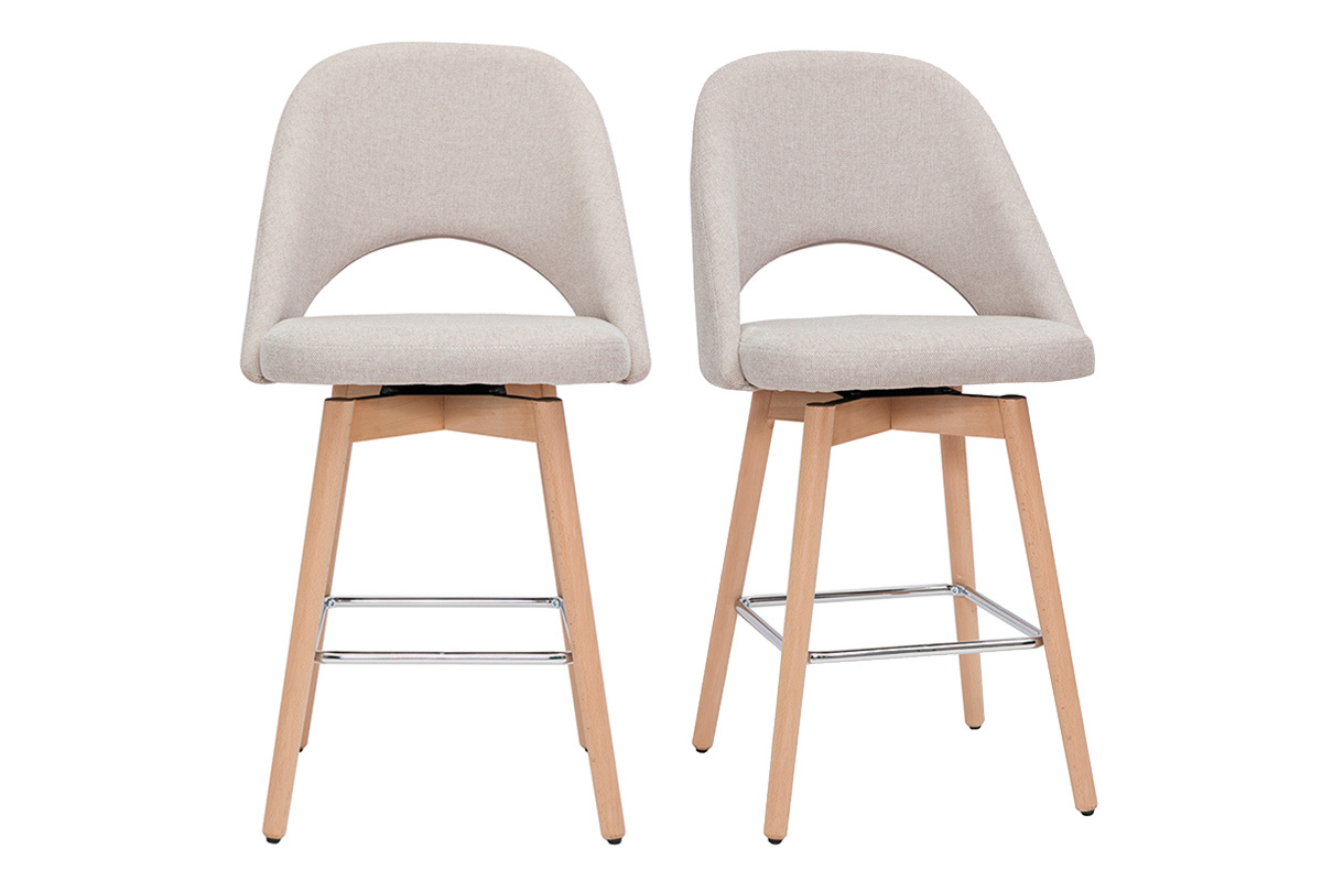 Set de 2taburetes de cocina nrdicos de tela efecto aterciopelado texturizado beige y madera de caucho maciza 65cm COSETTE