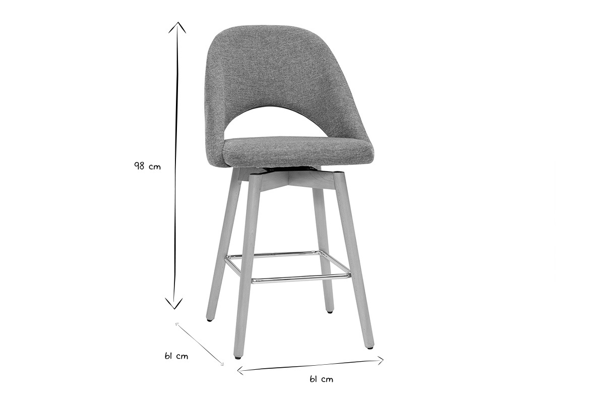 Set de 2taburetes de cocina nrdicos de tela efecto aterciopelado texturizado gris y madera de caucho maciza 65cm COSETTE