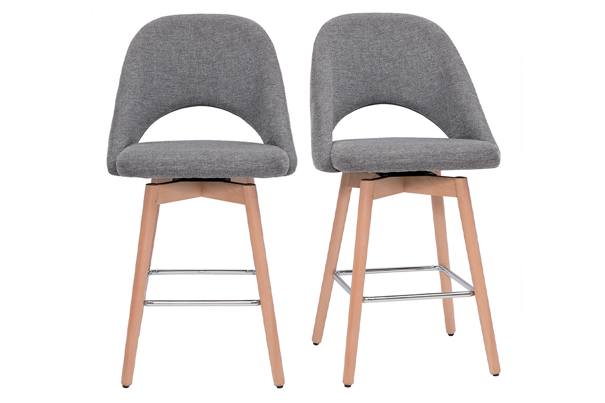 Set de 2taburetes de cocina nrdicos de tela efecto aterciopelado texturizado gris y madera de caucho maciza 65cm COSETTE