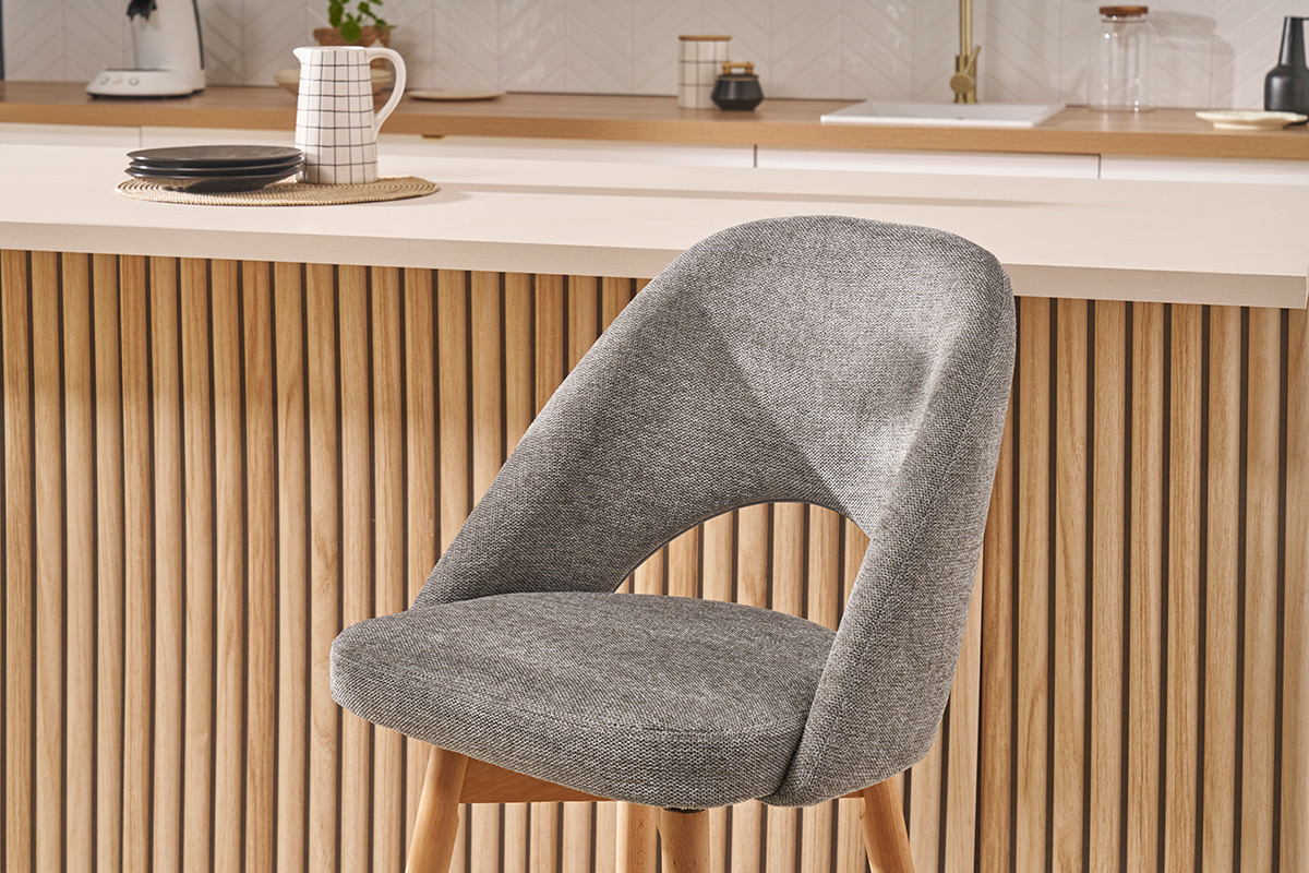 Set de 2taburetes de cocina nrdicos de tela efecto aterciopelado texturizado gris y madera de caucho maciza 65cm COSETTE