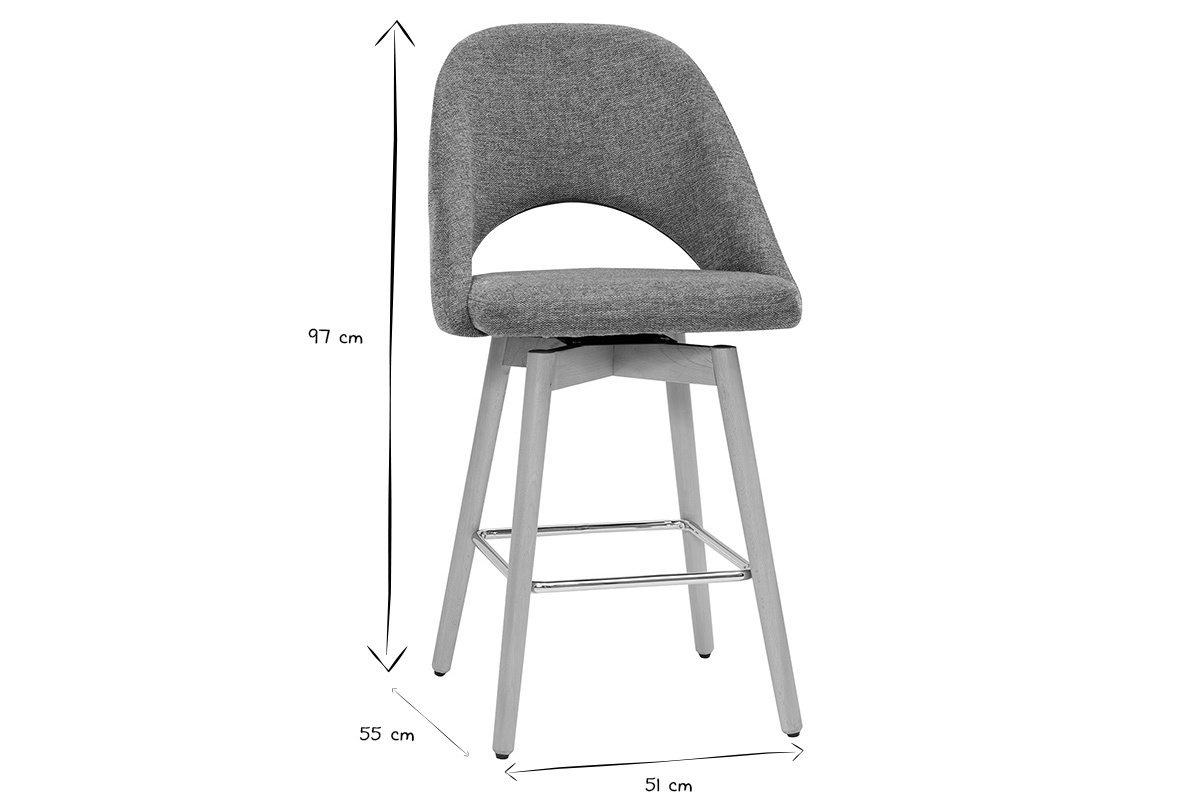 Set de 2taburetes de cocina nrdicos de tela efecto aterciopelado texturizado gris y madera de caucho maciza 65cm COSETTE