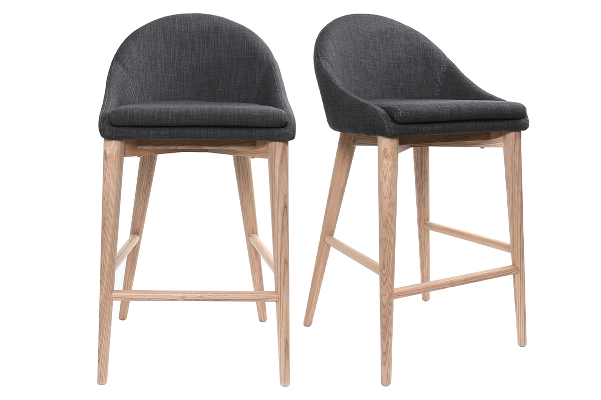 Set de 2taburetes de cocina nrdicos de tela gris antracita y fresno macizo 66cm DALIA