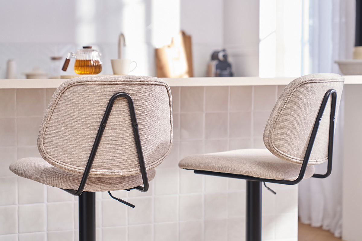 Set de 2 taburetes de cocina regulables de diseo de tejido efecto aterciopelado beige y metal negro BARNET