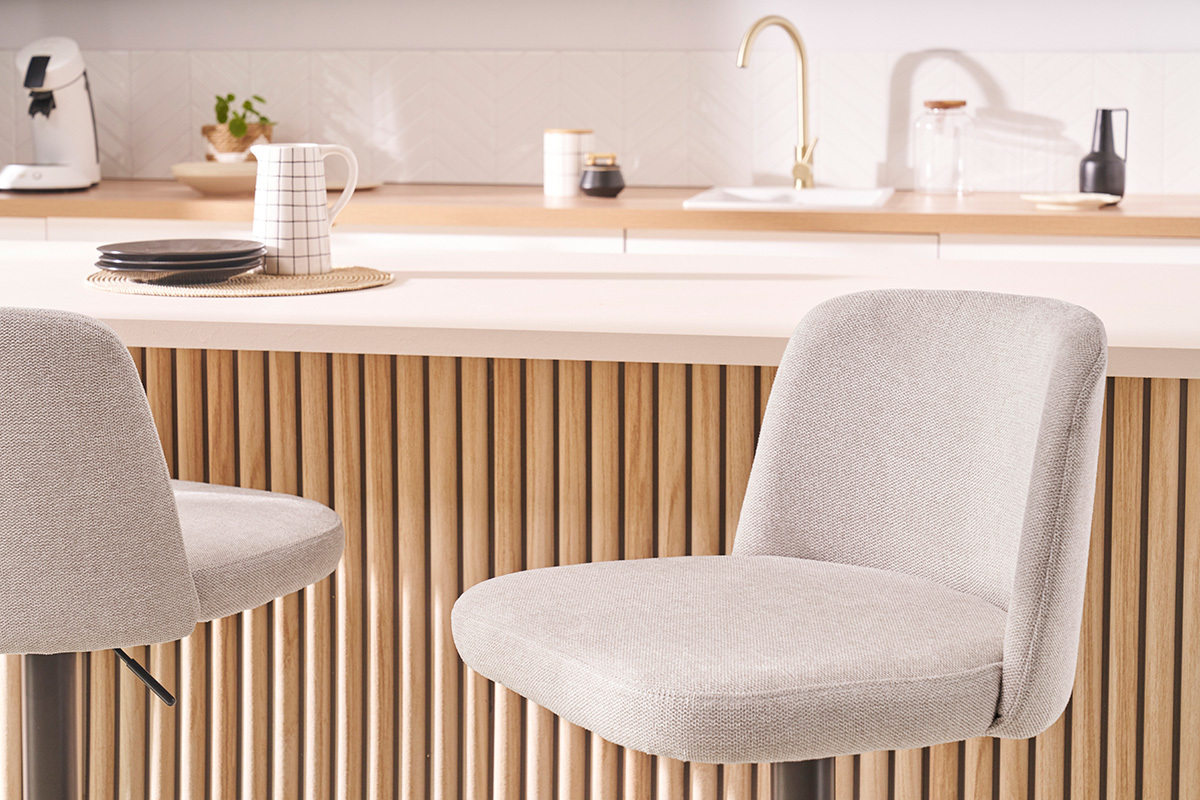 Set de 2taburetes de cocina regulables de tejido efecto aterciopelado beige y metal negro MONTI