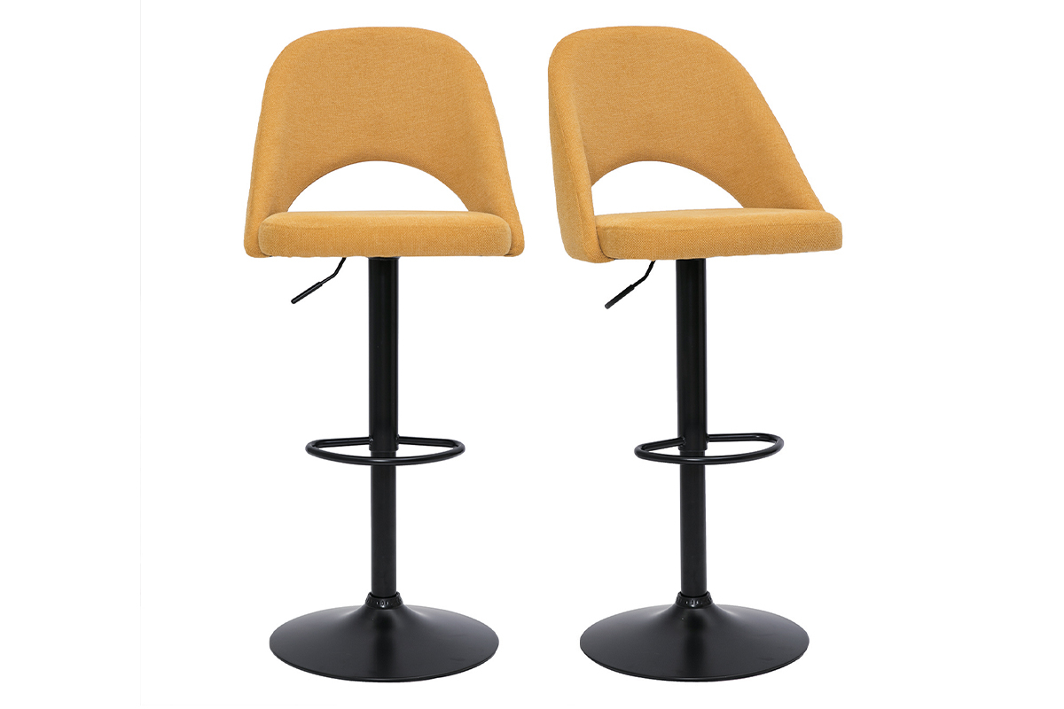 Set de 2taburetes de cocina regulables de tejido efecto aterciopelado texturizado amarillo y metal negro COSETTE