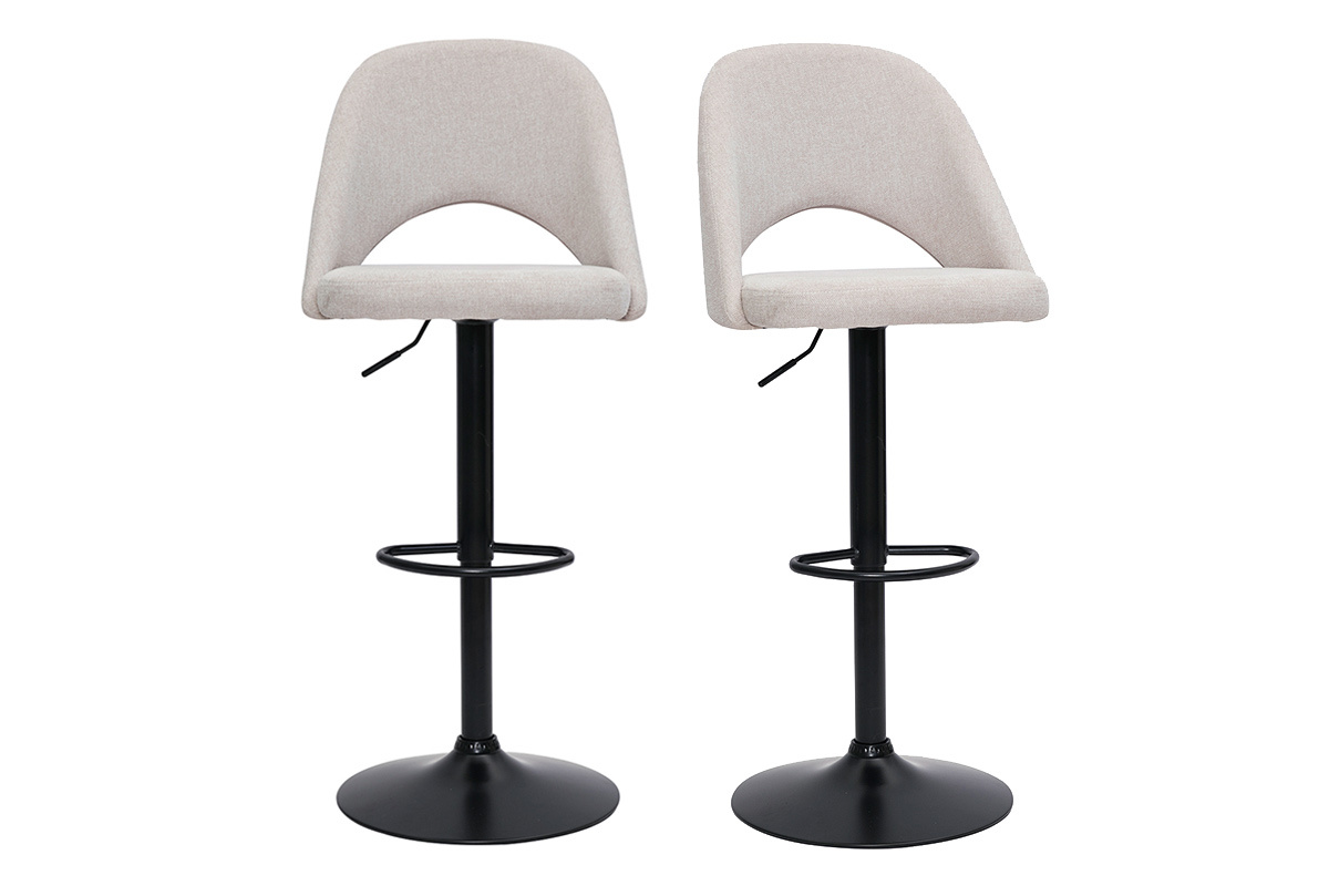 Set de 2taburetes de cocina regulables de tejido efecto aterciopelado texturizado beige y metal negro COSETTE