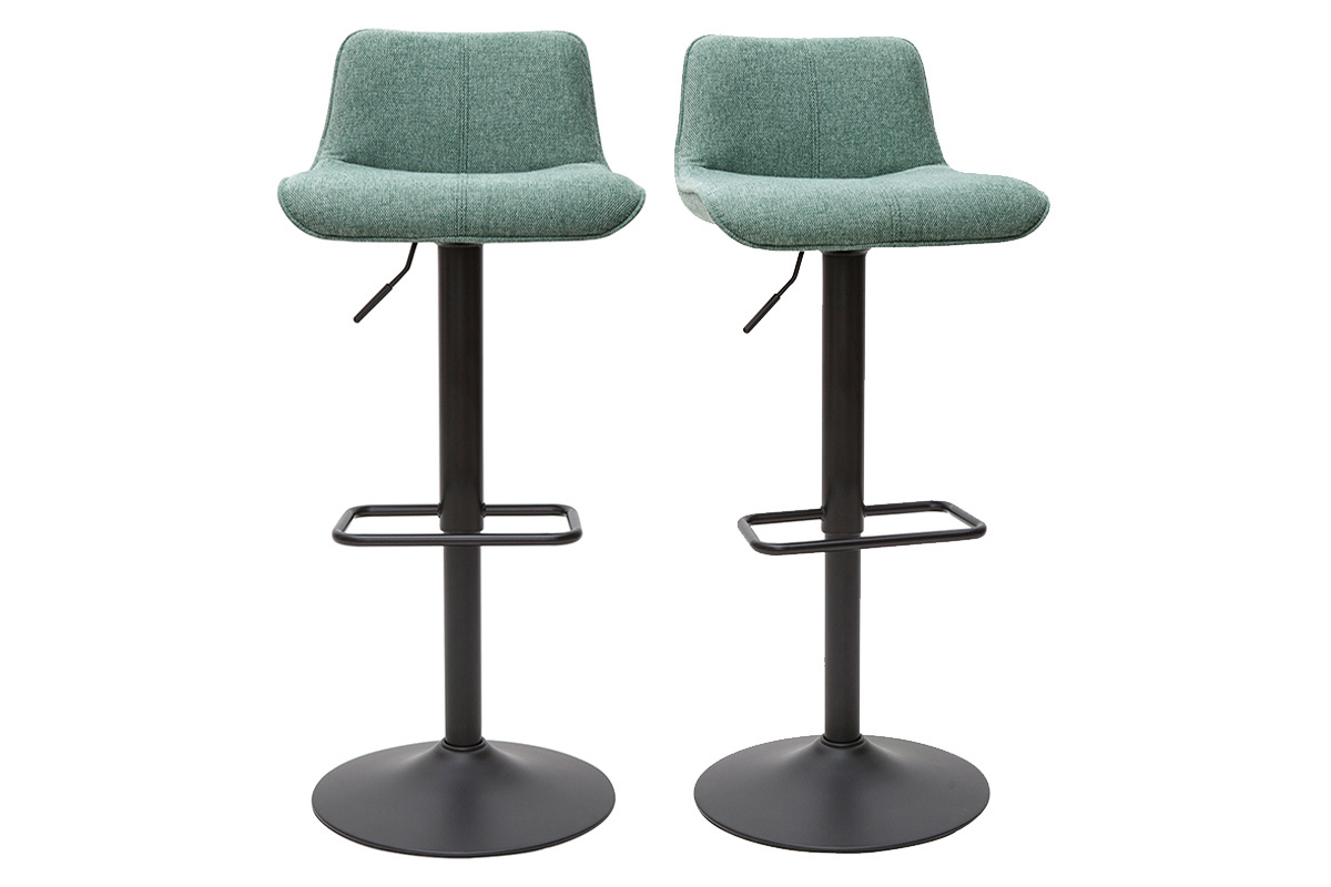 Set de 2 taburetes de cocina regulablesde tejido efecto aterciopelado texturizado verde celadn y metal negro BOOST
