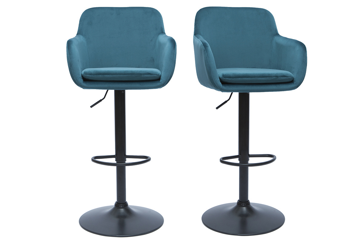 Set de 2 taburetes de cocina regulables de terciopelo azul petrleo AMIKA