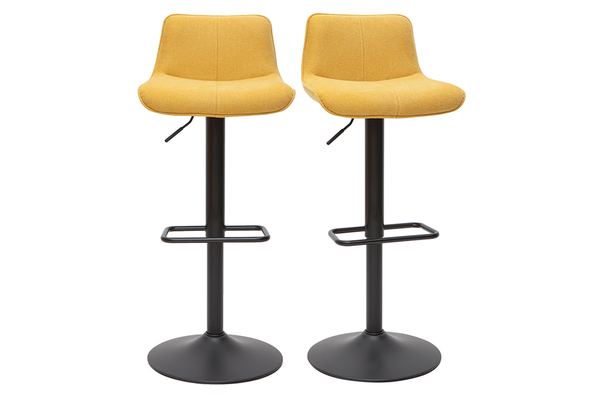 Set de 2 taburetes de cocina regulables y giratorios 360de tejido efecto aterciopelado amarillo mostaza y metal negro BOOST