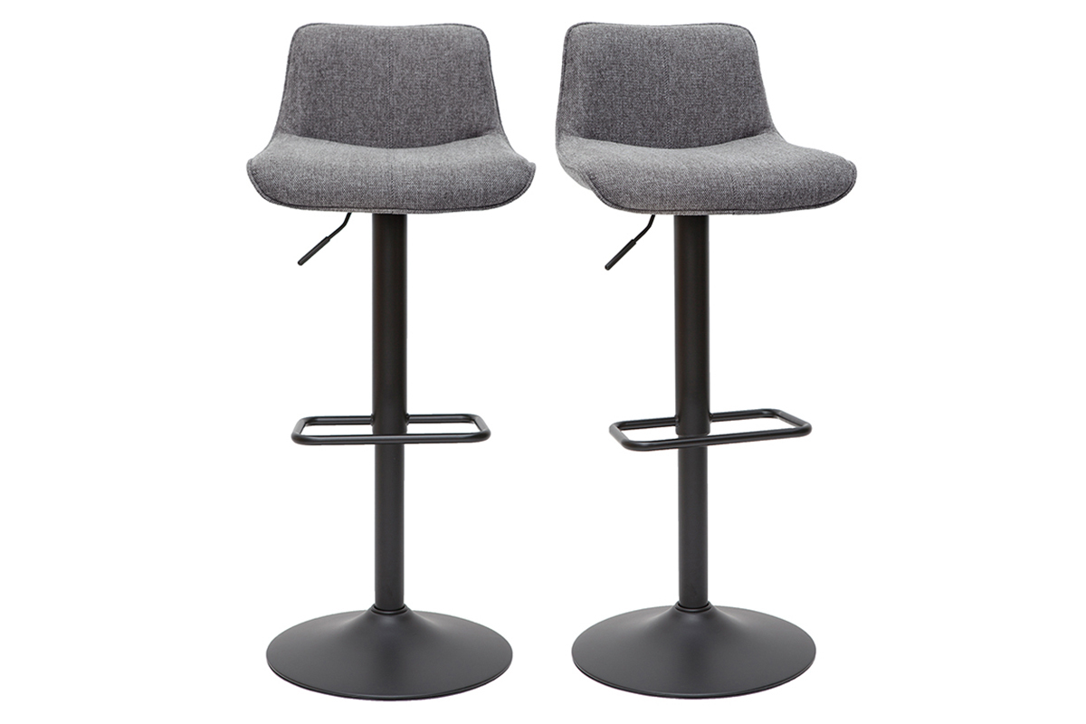Set de 2 taburetes de cocina regulables y giratorios 360de tejido efecto aterciopelado gris y metal negro BOOST