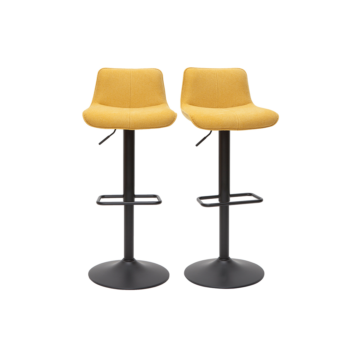 Set de 2 taburetes de cocina regulables y giratorios 360° de tejido efecto aterciopelado amarillo mostaza y metal negro BOOST