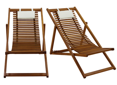 Set de 2 tumbonas de madera maciza con cojín de tela blanca MOONA