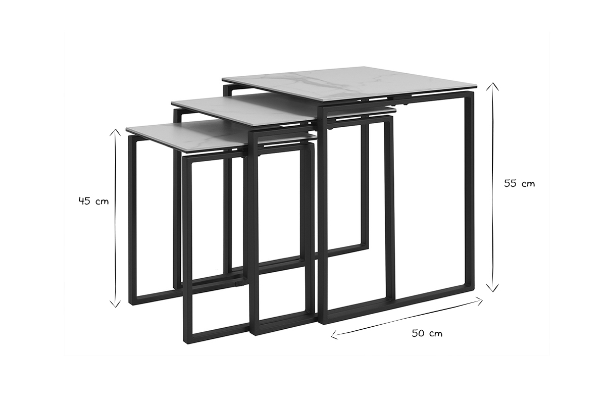 Set de 3 mesas de centro de diseo efecto mrmol blanco de cermica y metal STRESA