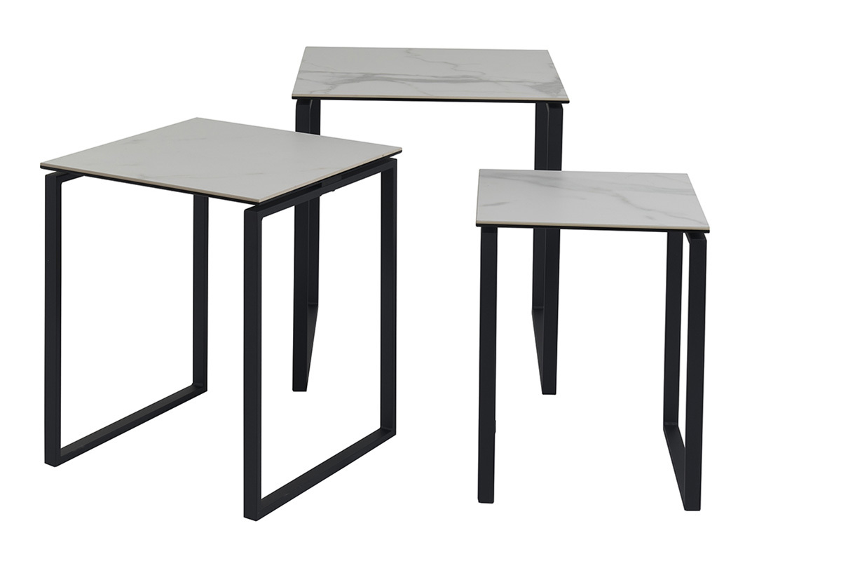 Set de 3 mesas de centro de diseo efecto mrmol blanco de cermica y metal STRESA