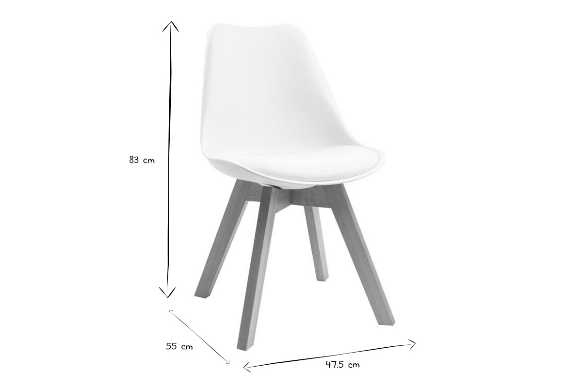 Silla escandinava con dimensiones 83x47.5x55 cm en negro y blanco, vista de 3/4.