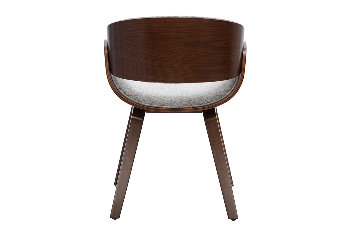 Silla de dise�o en tela gris y madera oscura, vista trasera, estilo scandi-retro.