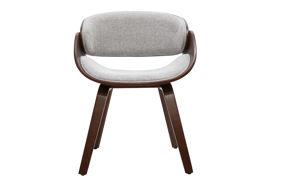 Silla de dise�o en tejido gris con reposabrazos y base de madera oscura, vista frontal