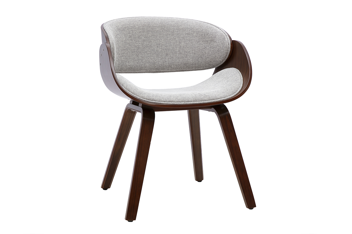 Silla de dise�o BENT en tejido de terciopelo gris con reposabrazos y base de madera oscura, vista de 3/4.