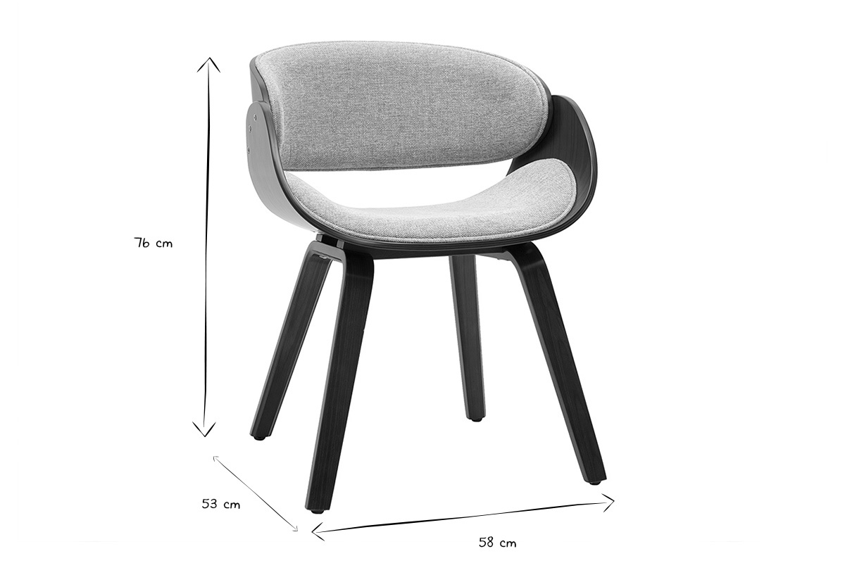 Dimensiones de la silla de dise�o BENT: altura 76 cm, profundidad 53 cm, anchura 58 cm, en negro y blanco.