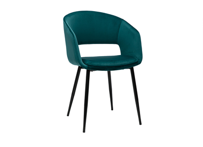 Silla de diseño de terciopelo azul petróleo y patas de metal negro PRISMA