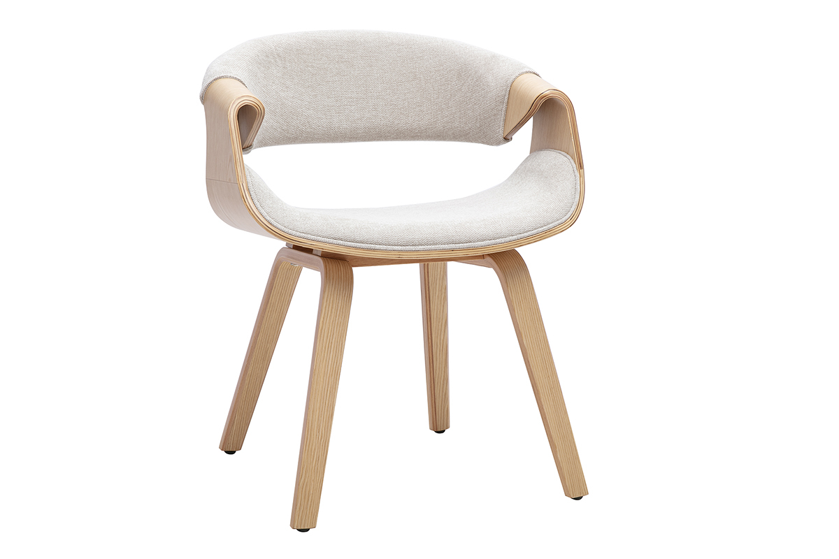 Silla de dise�o ARAMIS en tela beige con efecto terciopelo y madera clara, vista de 3/4