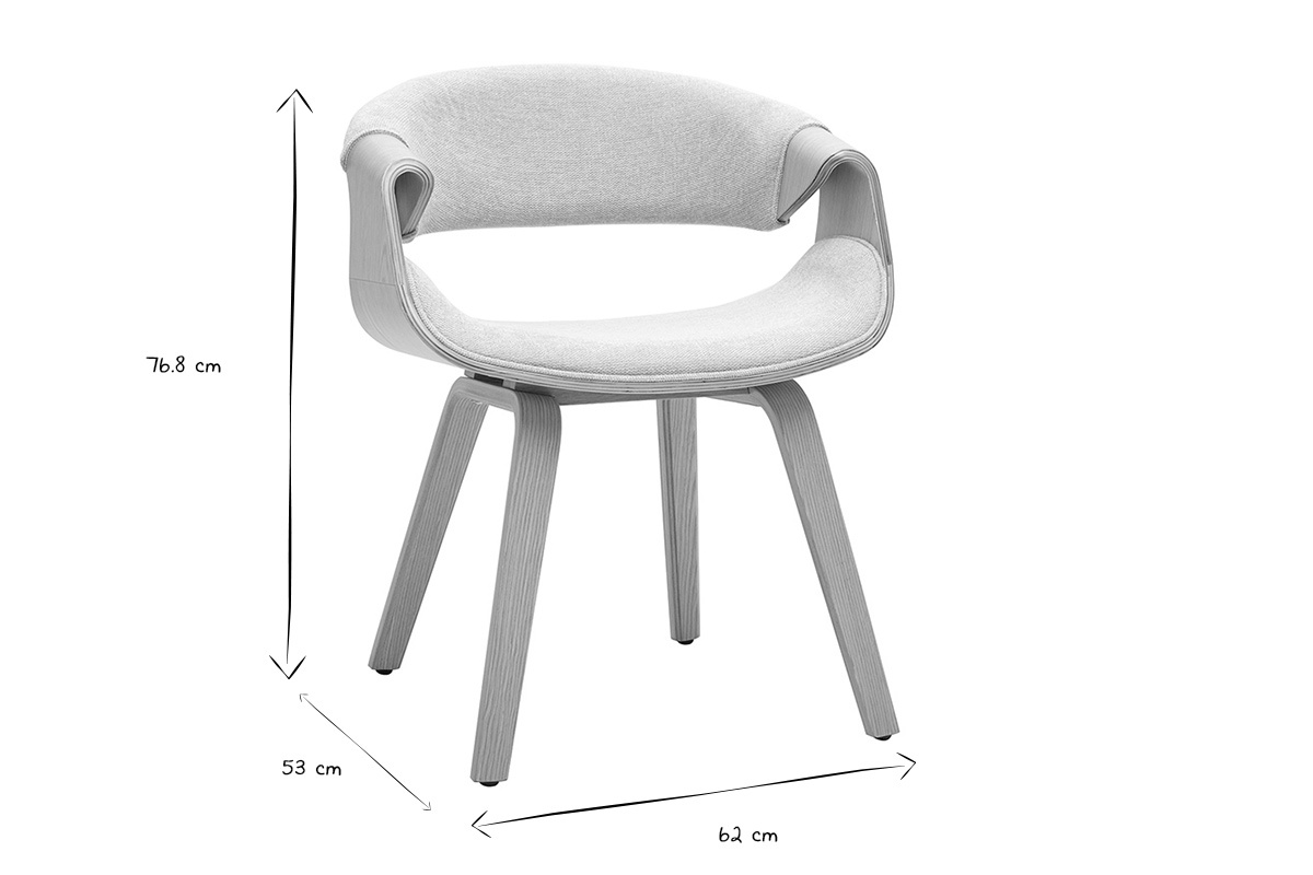 Dimensiones de la silla ARAMIS: altura 76,8 cm, ancho 62 cm, profundidad 53 cm en negro y blanco.