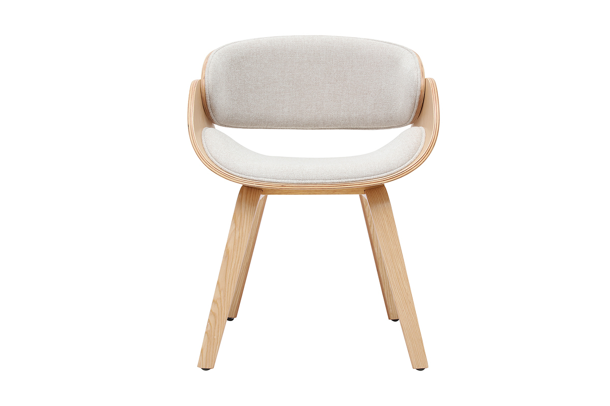 Silla de dise�o BENT en tejido beige y madera clara, vista frontal.