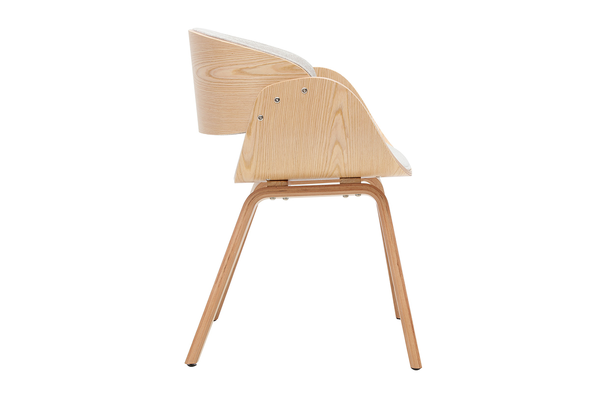 Silla de dise�o BENT en tejido de terciopelo beige y madera clara, vista de perfil.