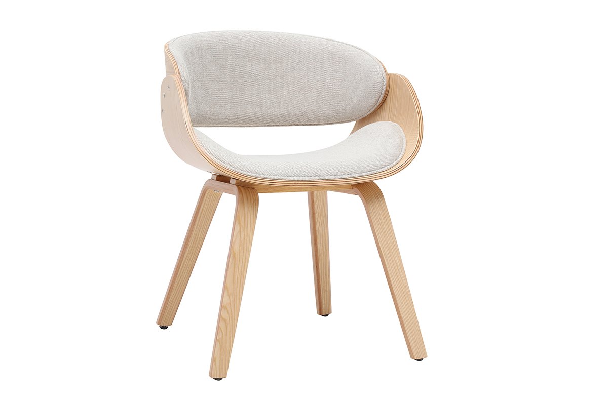 Silla de dise�o BENT en tejido beige efecto terciopelo y madera clara, vista de 3/4