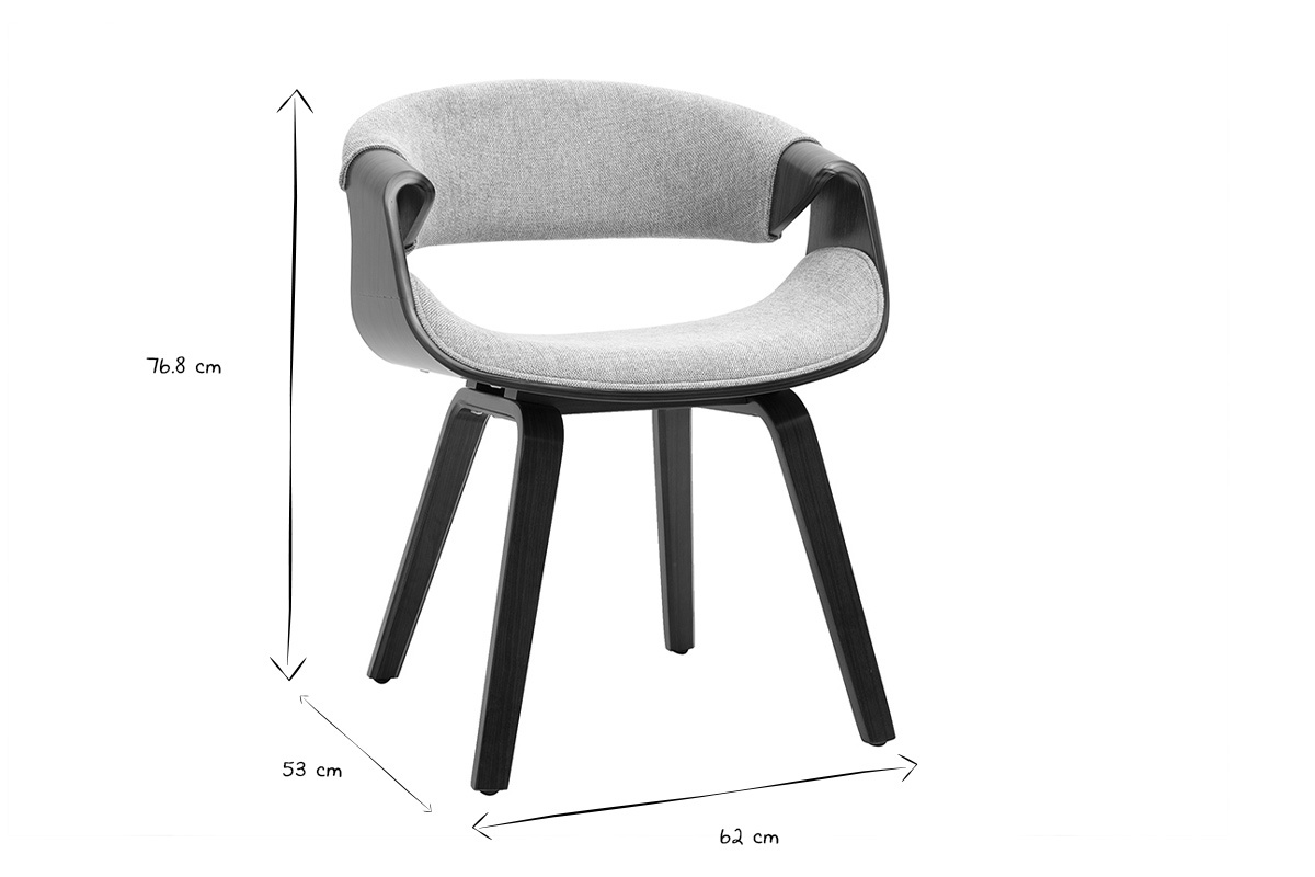 Dimensiones de la silla ARAMIS en blanco y negro: altura 76.8 cm, anchura 62 cm, profundidad 53 cm.