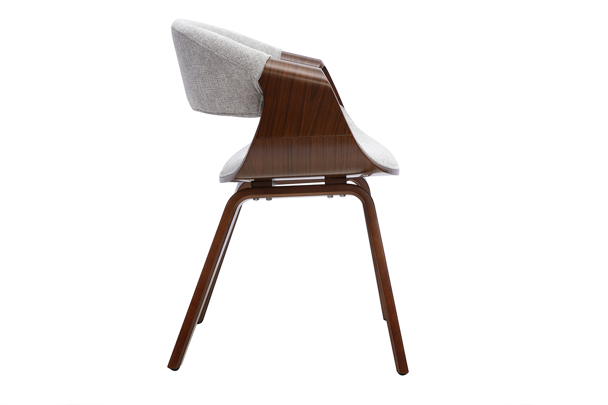 Silla de dise�o ARAMIS en tela gris y madera oscura, vista de perfil.