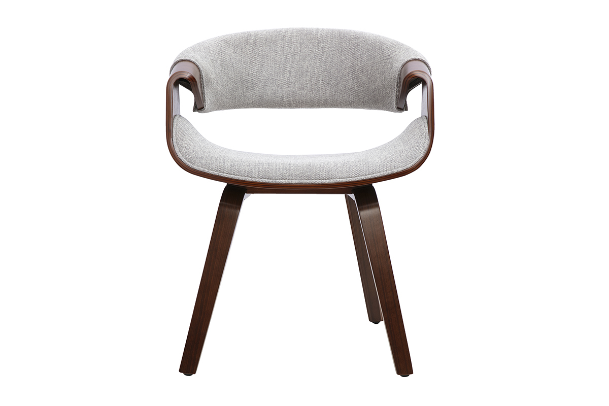 Silla de dise�o ARAMIS en tejido gris con reposabrazos y base de madera oscura, vista frontal.