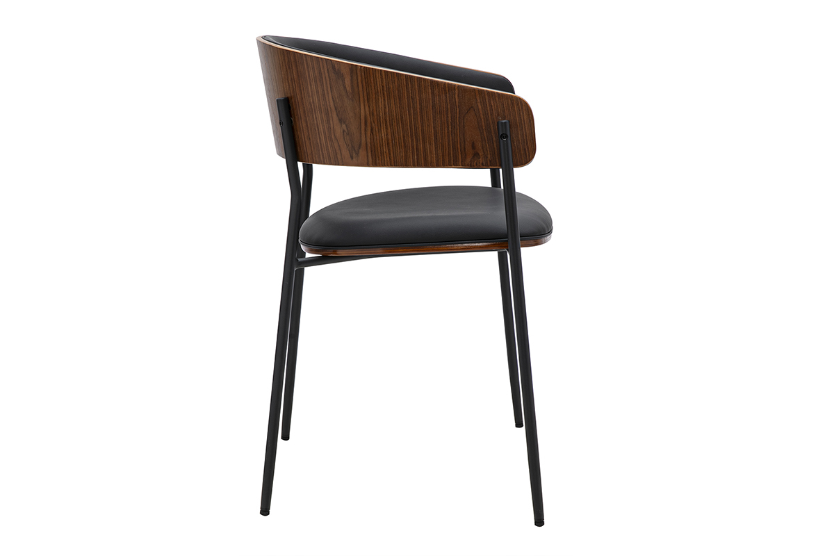 Silla de dise�o negra con respaldo de madera oscura, vista de perfil