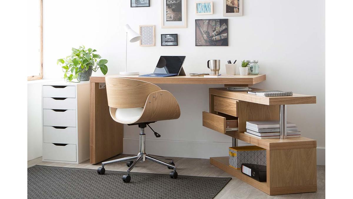 Silla de escritorio blanco y madera clara con ruedas BENT