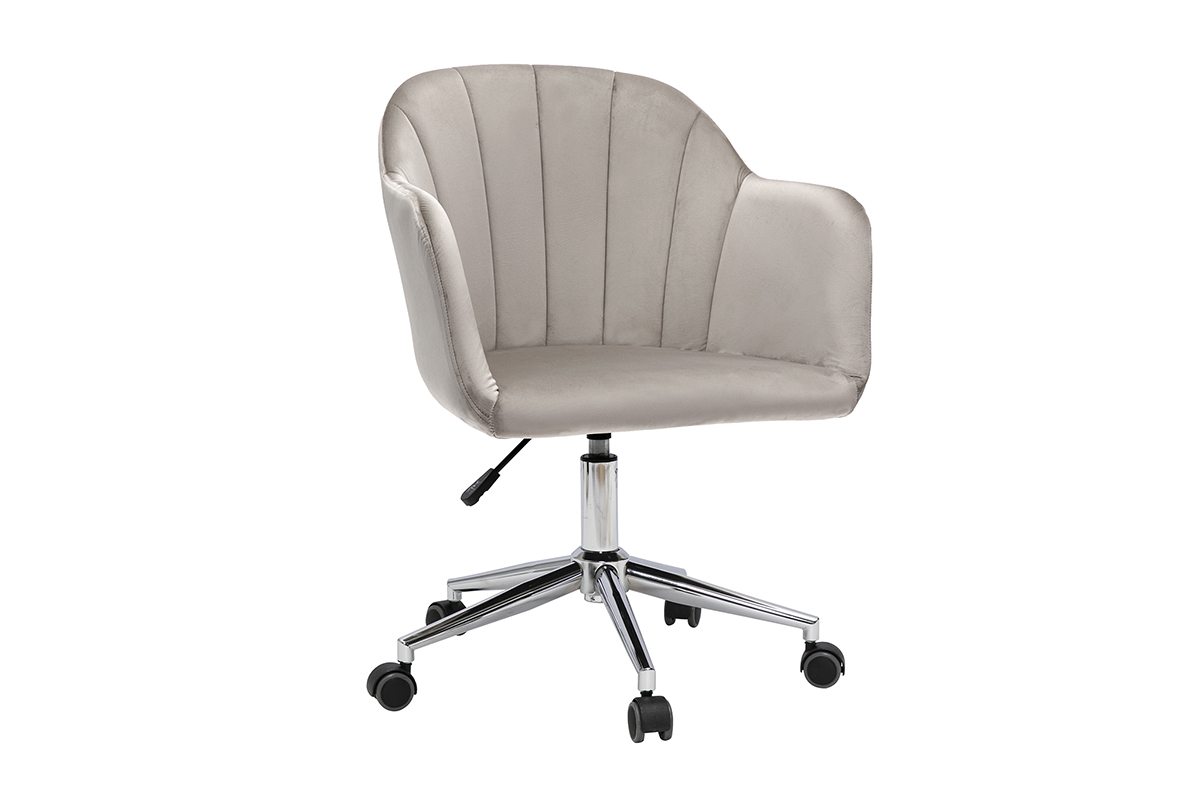 Silla de escritorio de diseo con ruedas, terciopelo color topo y metal cromado MILLY