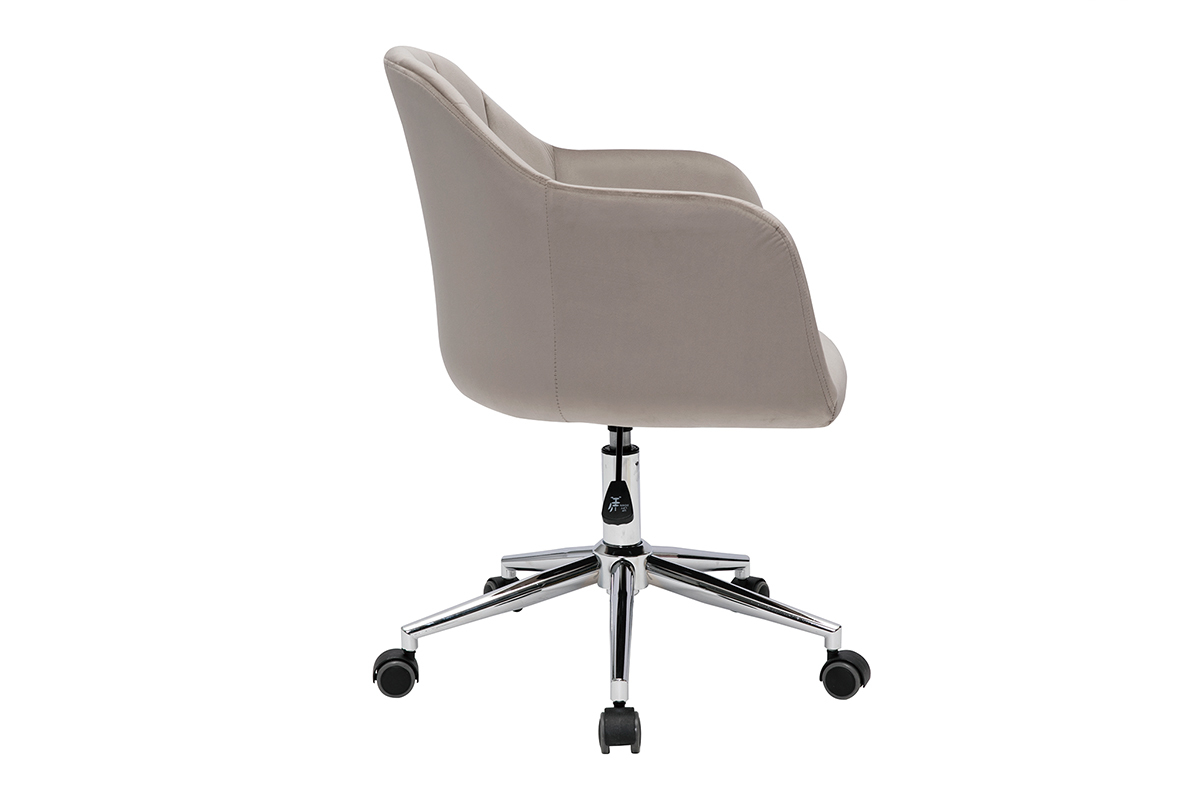 Silla de escritorio de diseo con ruedas, terciopelo color topo y metal cromado MILLY