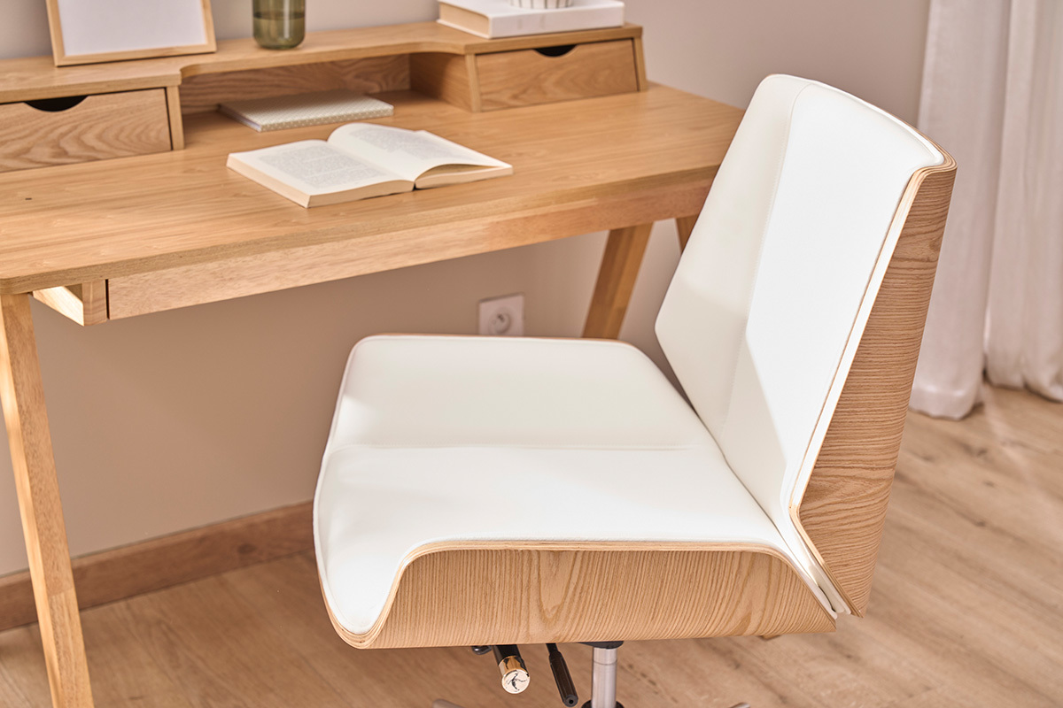 Silla de escritorio madera clara y blanca CURVED