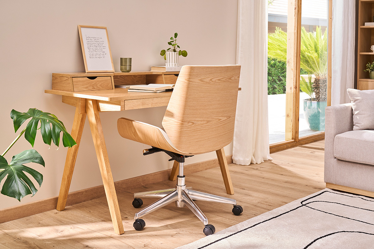 Silla de escritorio madera clara y blanca CURVED