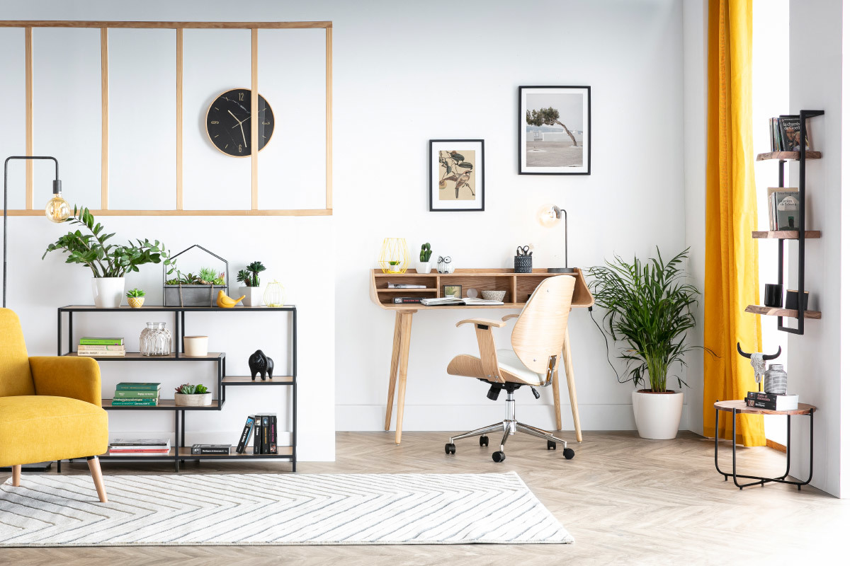 Silla de escritorio moderna blanca y madera clara YORKE