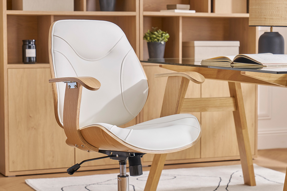 Silla de escritorio moderna blanca y madera clara YORKE