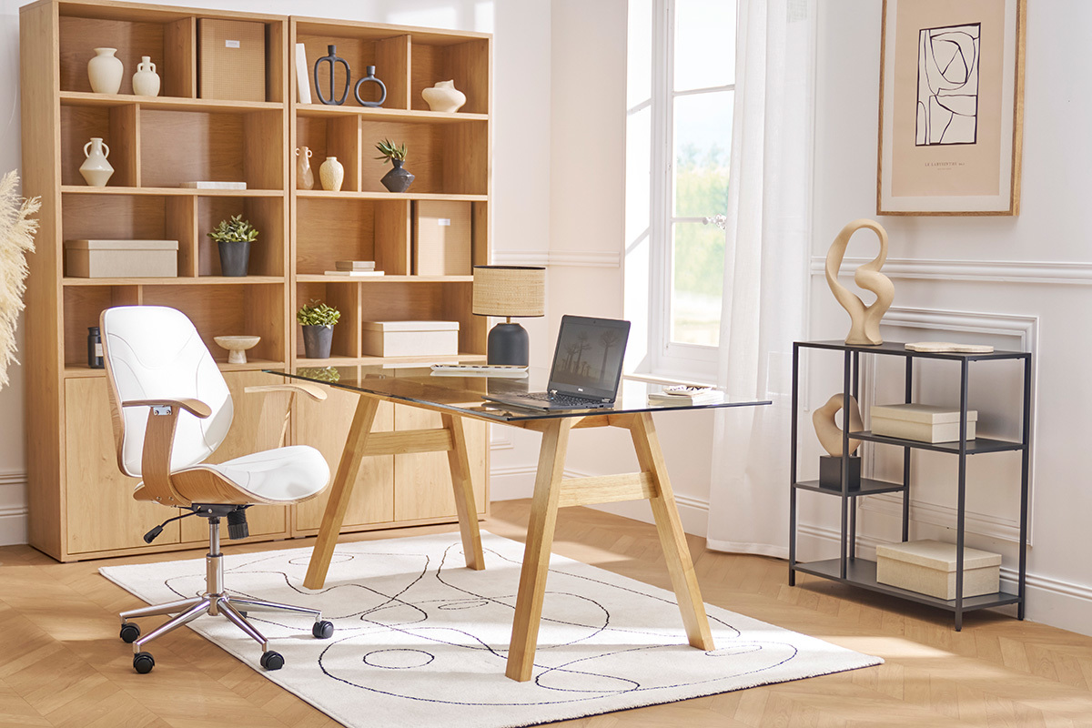 Silla de escritorio moderna blanca y madera clara YORKE