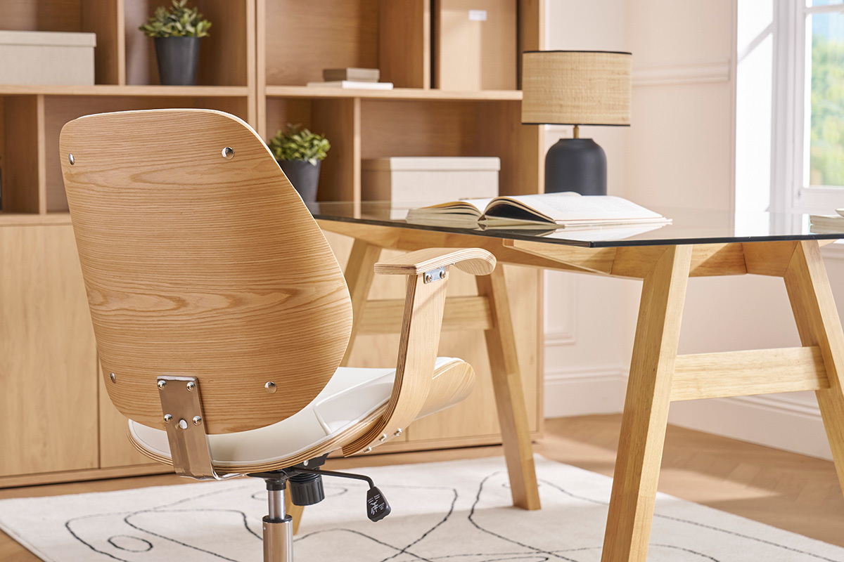 Silla de escritorio moderna blanca y madera clara YORKE